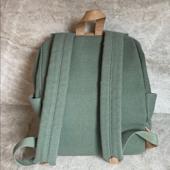 Canvas Green and Tan Leather Drawstring Backpack Purse - Picture 3 of 6